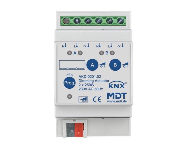 MDT AKD-0201.02 Dimmaktor 2-fach, 4TE, REG, 250W, 230VAC mit Wirkleistungsmessung