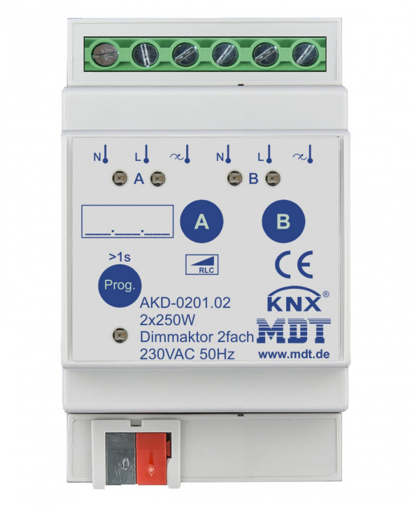 MDT AKD-0201.02 Dimmaktor 2-fach, 4TE, REG, 250W, 230VAC mit Wirkleistungsmessung