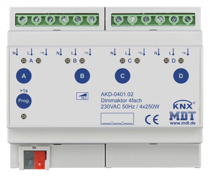 MDT AKD-0401.02 Dimmaktor 4-fach, 8TE, REG, 250W, 230VAC mit Wirkleistungsmessung