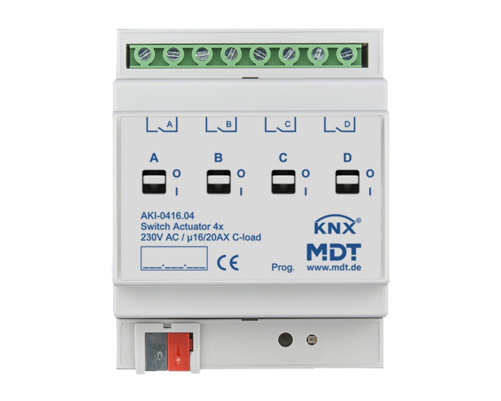 MDT AKI-0416.04 Schaltaktor 4-fach, 4TE, REG, 16/20A, 230VAC, C-Last, Industrie, 200µF