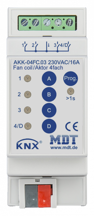 MDT AKK-04FC.03 Schaltaktor 4-fach, 2TE, REG, 16A, 70µ, 10EVG, 230VAC, Kompakt, Fan coil