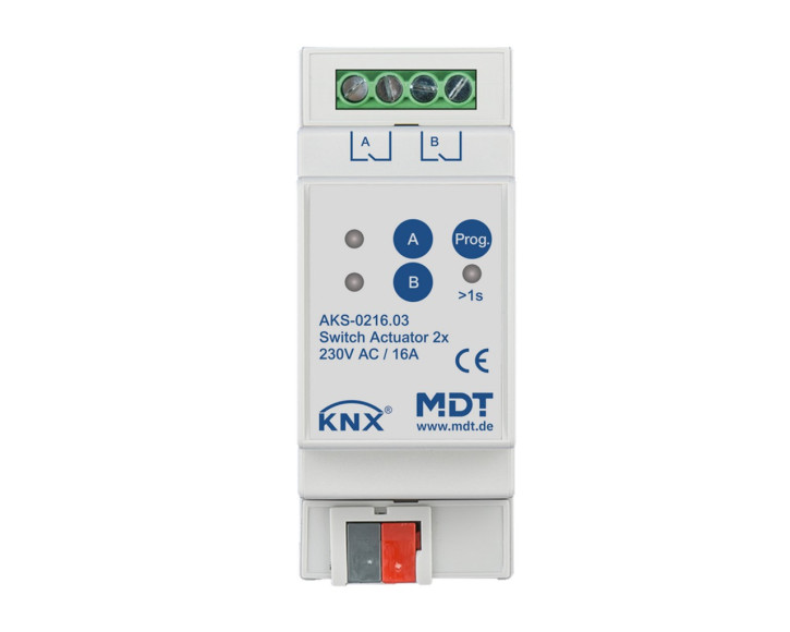 MDT AKS-0216.03 Schaltaktor 2-fach, 2TE, REG, 16A, 230VAC, C-Last, Standard, 140µF