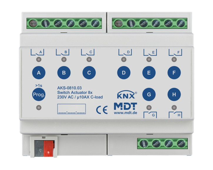 MDT AKS-0810.03 Schaltaktor 8-fach, 6TE, REG, 10A, 230VAC, C-Last, Standard, 140µF