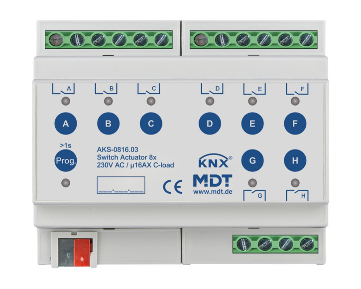 MDT AKS-0816.03 Schaltaktor 8-fach, 6TE, REG, 16A, 230VAC, C-Last, Standard, 140µF