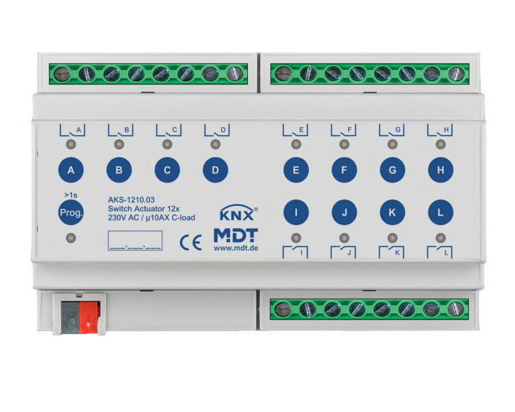 MDT AKS-1210.03 Schaltaktor 12-fach, 8TE, REG, 10A, 230VAC, C-Last, Standard, 140µF