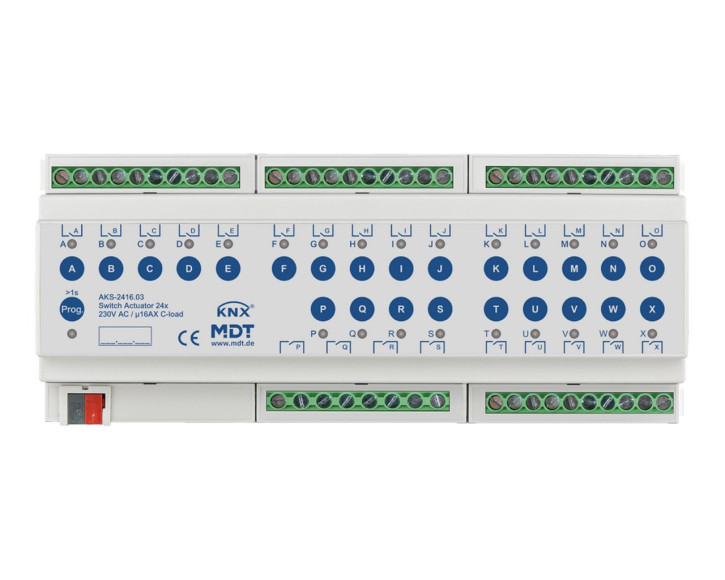 MDT AKS-2416.03 Schaltaktor 24-fach, 12TE, REG, 16A, 230VAC, C-Last, Standard, 140µF