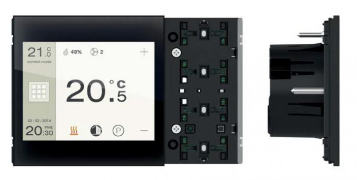 EKINEX EK-EF2-TP KNX Touch&See Control- und Display-Unit, Touchpanel mit zwei seitlichen Tasten, LEDs blau/grün