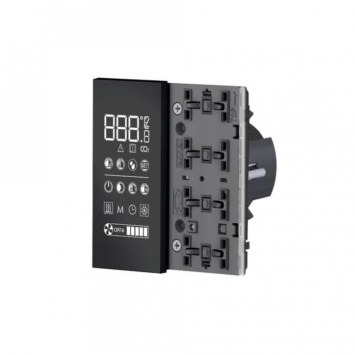 EKINEX EK-EQ2-TP KNX Raumtemperaturregler mit Display, Sensor für relative Luftfeuchtigkeit und zwei seitlichen Tasten, FF-Serie, LEDs blau/grün