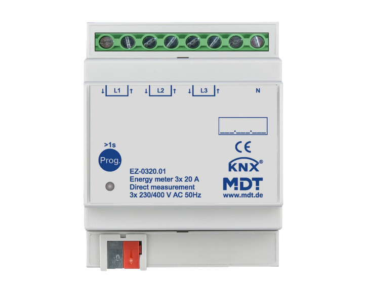 MDT EZ-0320.01 Energiezähler 3-fach 20 A, Direktmessung, 4TE REG, 230/400 V AC