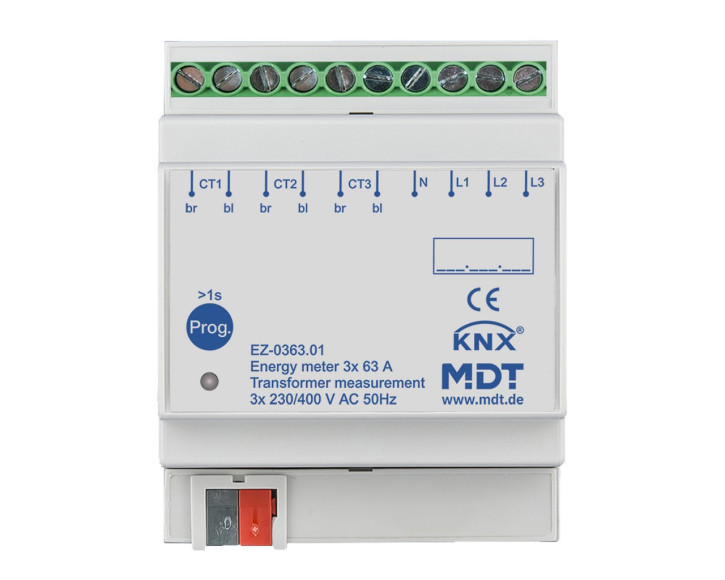 MDT EZ-0363.01 Energiezähler 3-fach 63 A, Wandlermessung, 4TE REG, 230/400 V AC