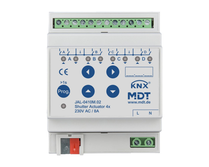 MDT JAL-0410M.02 Jalousieaktor 4-fach mit Fahrzeitmessung, 4TE, REG, 10A, 230VAC