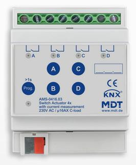 MDT AMS-0416.03 Schaltaktor 4-fach, 4TE REG, 16 A, 230 V AC, C-Last mit Strommessung