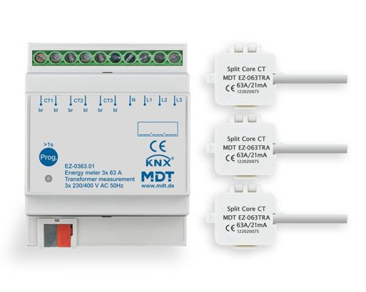 MDT EZ-0363.01 Energiezähler 3-fach 63 A, Wandlermessung, 4TE REG, 230/400 V AC