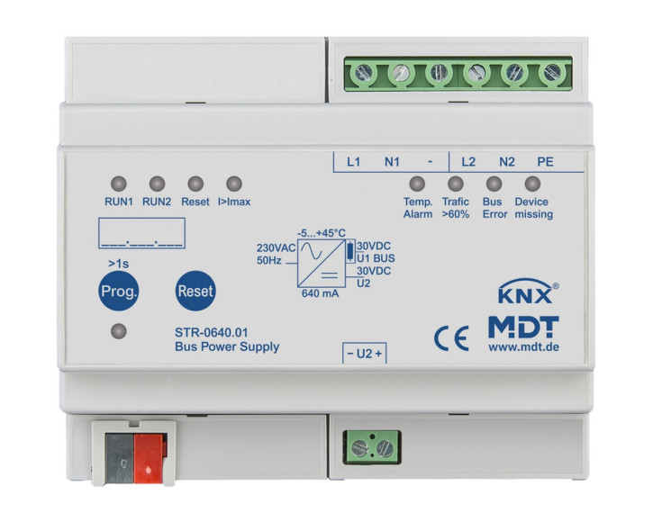 MDT STR-0640.01 Redundante Busspannungsversorgung mit Diagnose zur Erhöhung der Betriebsicherheit, 6TE REG, 640mA